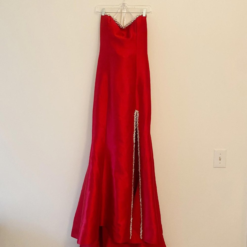 Sherri Hill red strapless diamond trim maxi prom dress